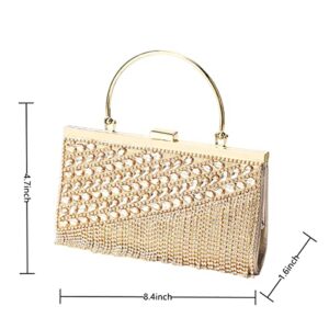 WIGUYUN Womens Elegant Evening Handbag Rhinestone Fringed Clutch Purse Handle Formal Wedding Bag,Gold