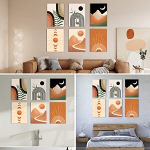 Gisipameis Boho Wall Art Set of 6, Mid Century Modern Decor 8" x 10" Unframed, Sun Moon Palm Leaf Black Beige Neutral Abstract Geometric Boho Wall Decor Canvas Prints for Bedroom Living Room Bathroom (Orange)