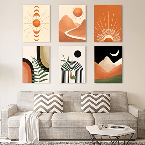 Gisipameis Boho Wall Art Set of 6, Mid Century Modern Decor 8" x 10" Unframed, Sun Moon Palm Leaf Black Beige Neutral Abstract Geometric Boho Wall Decor Canvas Prints for Bedroom Living Room Bathroom (Orange)