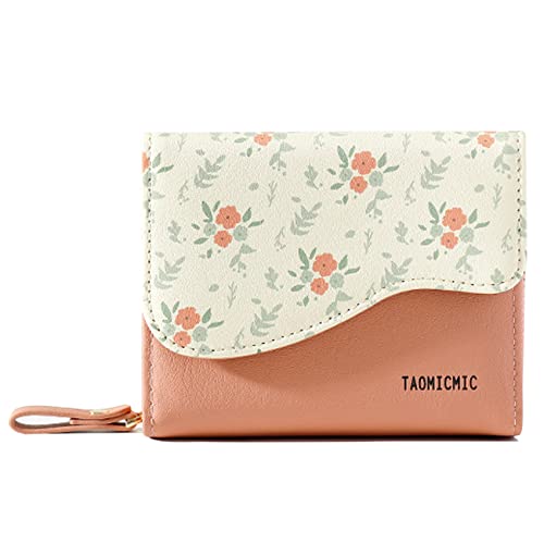 TAIINE Women's Vegan Leather Wallet Tri-fold Cute Flower Girl's Wallets Purse with RFID Blocking Protection Credit Card Holder Zipper Clutch (PINK)