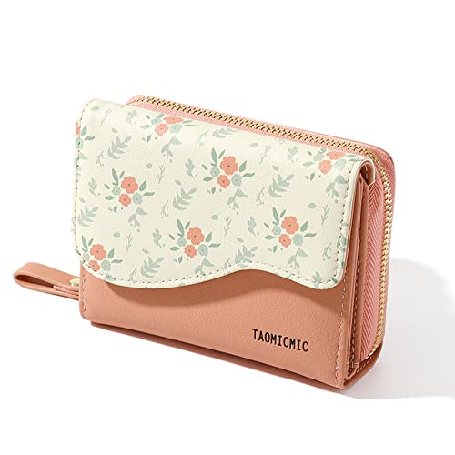 TAIINE Women's Vegan Leather Wallet Tri-fold Cute Flower Girl's Wallets Purse with RFID Blocking Protection Credit Card Holder Zipper Clutch (PINK)