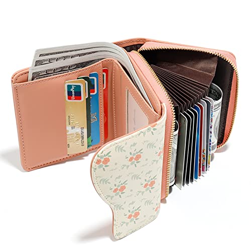 TAIINE Women's Vegan Leather Wallet Tri-fold Cute Flower Girl's Wallets Purse with RFID Blocking Protection Credit Card Holder Zipper Clutch (PINK)