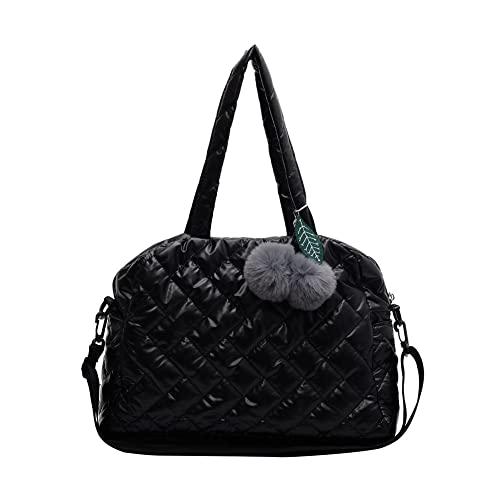 JQWYGB Nylon Tote Bags for Women - Trendy Puffer Tote Bag Purse Soft Padded Cotton Quilted Crossbody Handbag with Cute Pompom Pendant