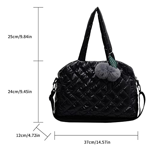 JQWYGB Nylon Tote Bags for Women - Trendy Puffer Tote Bag Purse Soft Padded Cotton Quilted Crossbody Handbag with Cute Pompom Pendant