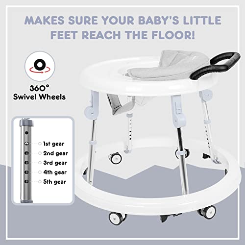 HARPPA Foldable Baby Walker, Sit to Stand Activity Center with Wheels, Seat and Height Adjustable (White)