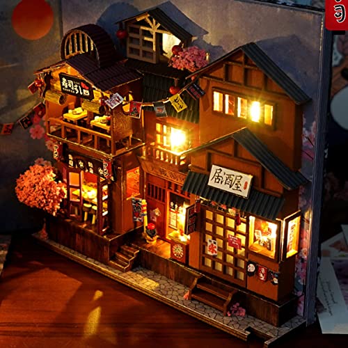 DIY Book Nook Kit, 3D Wooden Puzzle Booknook, Decorative Bookend, Bookshelf Insert Decor Alley with Furniture and LED Light for Birthday Home Desk Décor (Cherry Blossom Alley)