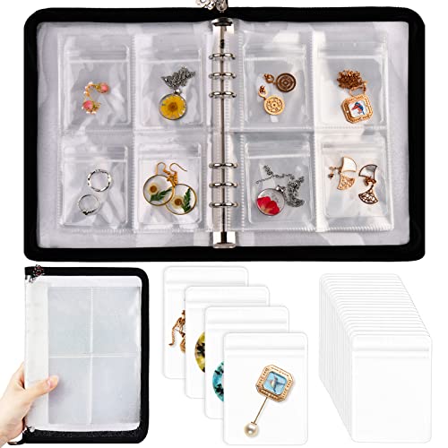 Transparent Jewelry Storage Book Album with Pockets, Portable Travel Jewelry Organizer Storage Book Zipper Bag for Rings, Necklace, Bracelets, Earrings Holder (80 Grids + 80 Anti-Oxidation PVC Bags)