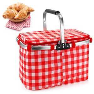 28l insulated picnic baskets portable shopping basket market basket with folding handle waterproof cooler collapsible picnic basket grocery bag for outdoor picnics travel camping, red and white plaid
