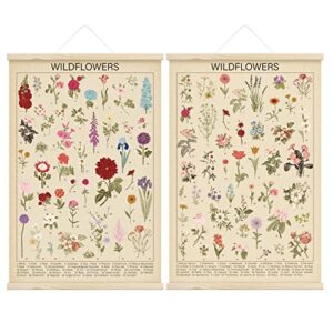 2 pcs vintage wildflowers hanging poster retro botanical wall art canvas floral plant poster cottagecore wall decor vintage botanical prints for room bedroom aesthetic decors frame, 15.8 x 23.6 inch