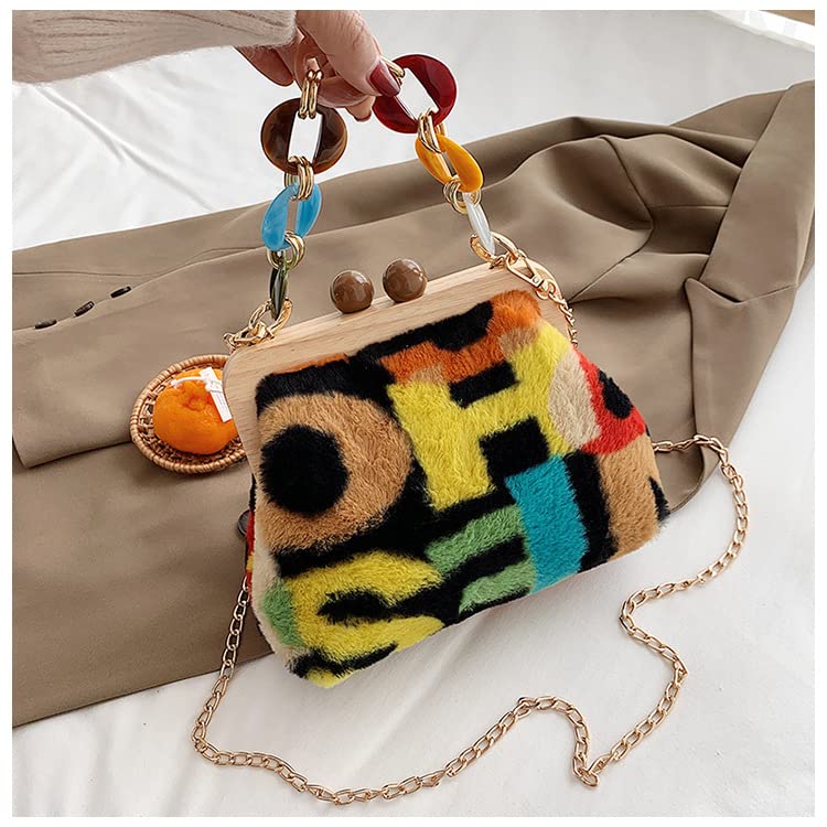 2022 Women's Plush Shoulder Bag Fashion Fluffy Cross-body Bag Soft Date Bag Chain Tote, Y2K Tote Bag Wooden Clip Bag (Colored)