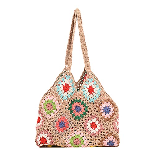 JQAliMOVV Crochet Tote Bag - Cute Flower Knitting Tote Bags Aesthetic Trendy Crochet Beach Bag Y2K Shoulder Bag Handbag Boho Bag (Khaki)