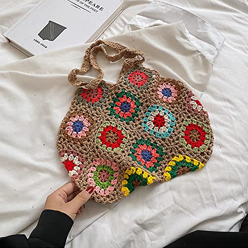 JQAliMOVV Crochet Tote Bag - Cute Flower Knitting Tote Bags Aesthetic Trendy Crochet Beach Bag Y2K Shoulder Bag Handbag Boho Bag (Khaki)