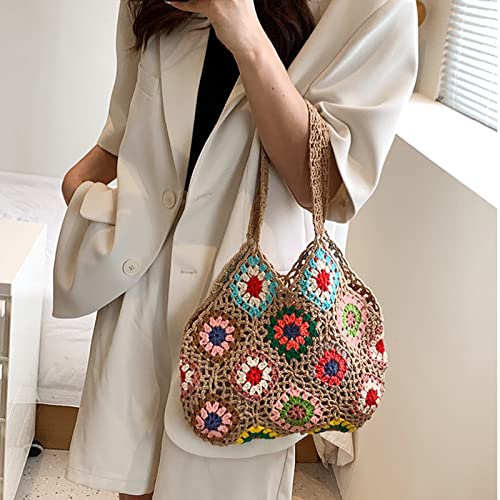 JQAliMOVV Crochet Tote Bag - Cute Flower Knitting Tote Bags Aesthetic Trendy Crochet Beach Bag Y2K Shoulder Bag Handbag Boho Bag (Khaki)