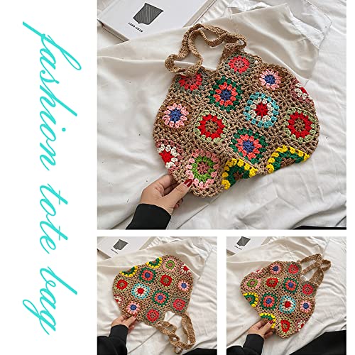 JQAliMOVV Crochet Tote Bag - Cute Flower Knitting Tote Bags Aesthetic Trendy Crochet Beach Bag Y2K Shoulder Bag Handbag Boho Bag (Khaki)