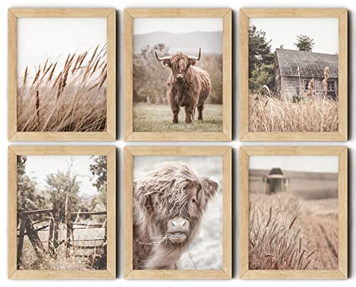 VICBOU Highland Cow Wall Art Highland Cow Decor Farmhouse Wall Decor Farm Animal Cow Print Stuff Rustic Wheat Field Landscape Print Painting for Home Kitchen Bathroom Living Room, 6Pcs, 8x10 Unframed