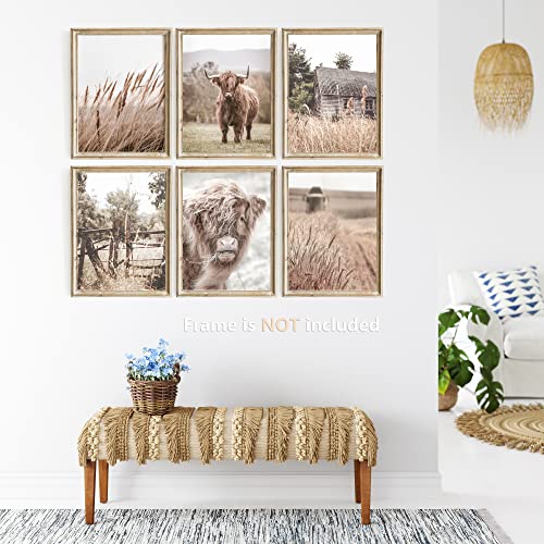 VICBOU Highland Cow Wall Art Highland Cow Decor Farmhouse Wall Decor Farm Animal Cow Print Stuff Rustic Wheat Field Landscape Print Painting for Home Kitchen Bathroom Living Room, 6Pcs, 8x10 Unframed