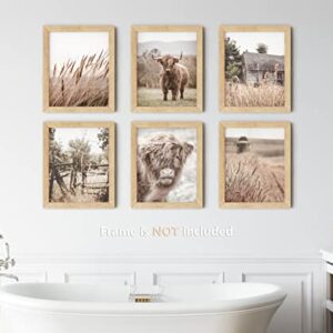 VICBOU Highland Cow Wall Art Highland Cow Decor Farmhouse Wall Decor Farm Animal Cow Print Stuff Rustic Wheat Field Landscape Print Painting for Home Kitchen Bathroom Living Room, 6Pcs, 8x10 Unframed