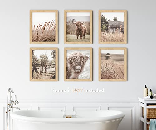 VICBOU Highland Cow Wall Art Highland Cow Decor Farmhouse Wall Decor Farm Animal Cow Print Stuff Rustic Wheat Field Landscape Print Painting for Home Kitchen Bathroom Living Room, 6Pcs, 8x10 Unframed