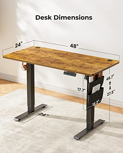 Marsail Standing Desk Adjustable Height, Electric Standing Desk with Storage Bag, Stand up Desk for Home Office Computer Desk Memory Preset with Headphone Hook, 48 * 24 Inch, Rustic