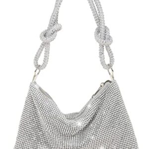 Rhinestone Hobo Bag for Womens Chic Sparkly Evening Handbag Clutch Bag Shiny Purse for Party Club Wedding (Silver)