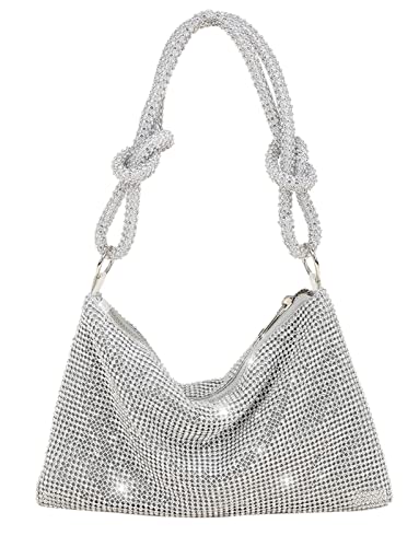 Rhinestone Hobo Bag for Womens Chic Sparkly Evening Handbag Clutch Bag Shiny Purse for Party Club Wedding (Silver)