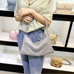 Rhinestone Hobo Bag for Womens Chic Sparkly Evening Handbag Clutch Bag Shiny Purse for Party Club Wedding (Silver)