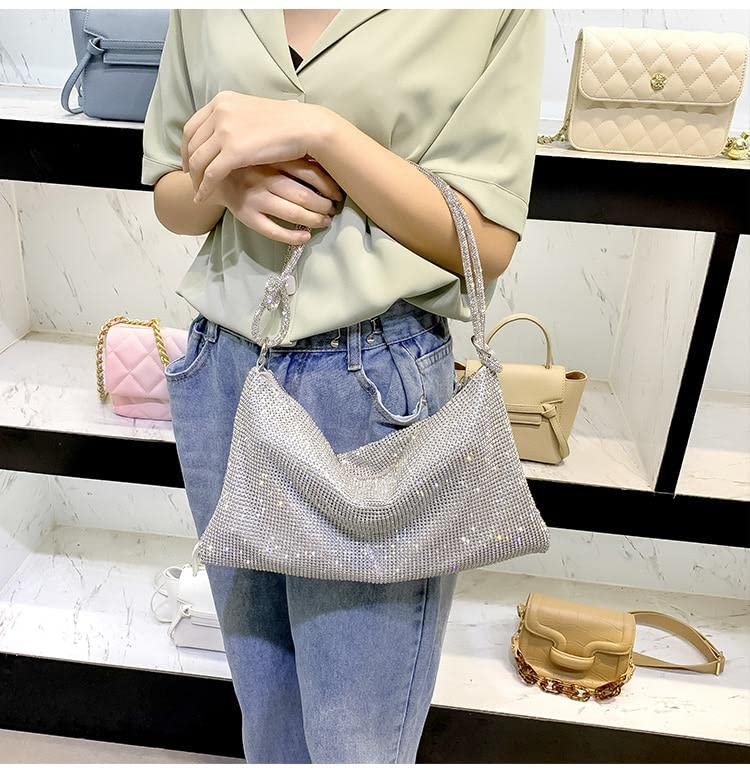 Rhinestone Hobo Bag for Womens Chic Sparkly Evening Handbag Clutch Bag Shiny Purse for Party Club Wedding (Silver)