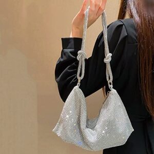 Rhinestone Hobo Bag for Womens Chic Sparkly Evening Handbag Clutch Bag Shiny Purse for Party Club Wedding (Silver)