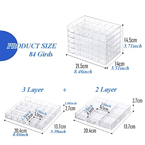 YUFONG Earring Storage Box Organizer 5 Drawers Jewelry Organizer Acrylic Jewelry Storage Box Holder Compartment Transparent Display Storage Case Gift for Women Girls (84 Girds)