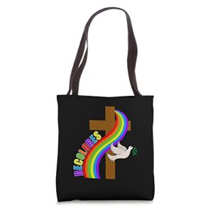 decolores cursillo rainbow cross with peace dove (dark) tote bag