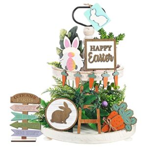 patelai 12 pcs easter tiered tray decor set rustic easter decorations for tiered tray bunny farmhouse tiered tray items easter egg rabbits carrots wood sign happy easter decoration for indoor home