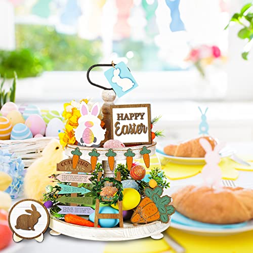 Patelai 12 Pcs Easter Tiered Tray Decor Set Rustic Easter Decorations for Tiered Tray Bunny Farmhouse Tiered Tray Items Easter Egg Rabbits Carrots Wood Sign Happy Easter Decoration for Indoor Home