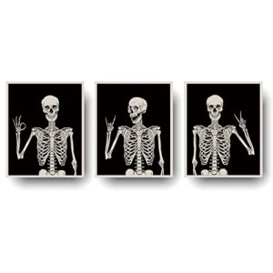 halloween wall decor skeleton poster, funny goth home wall art prints, gothic skull weird paintings, witchy spooky aesthetic pictures for bedroom bathroom pagan room decor set of 3 unframed (8×10)