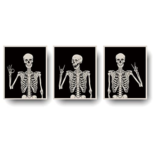 Halloween Wall Decor Skeleton Poster, Funny Goth Home Wall Art Prints, Gothic Skull Weird Paintings, Witchy Spooky Aesthetic Pictures for Bedroom Bathroom Pagan Room Decor Set of 3 Unframed (8x10)