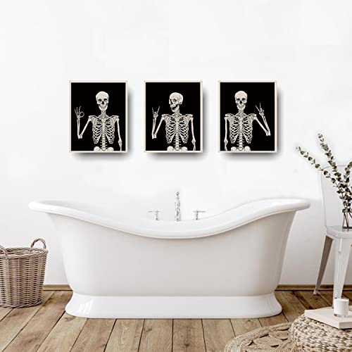 Halloween Wall Decor Skeleton Poster, Funny Goth Home Wall Art Prints, Gothic Skull Weird Paintings, Witchy Spooky Aesthetic Pictures for Bedroom Bathroom Pagan Room Decor Set of 3 Unframed (8x10)