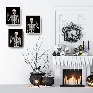 Halloween Wall Decor Skeleton Poster, Funny Goth Home Wall Art Prints, Gothic Skull Weird Paintings, Witchy Spooky Aesthetic Pictures for Bedroom Bathroom Pagan Room Decor Set of 3 Unframed (8x10)