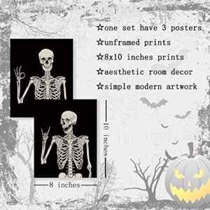 Halloween Wall Decor Skeleton Poster, Funny Goth Home Wall Art Prints, Gothic Skull Weird Paintings, Witchy Spooky Aesthetic Pictures for Bedroom Bathroom Pagan Room Decor Set of 3 Unframed (8x10)