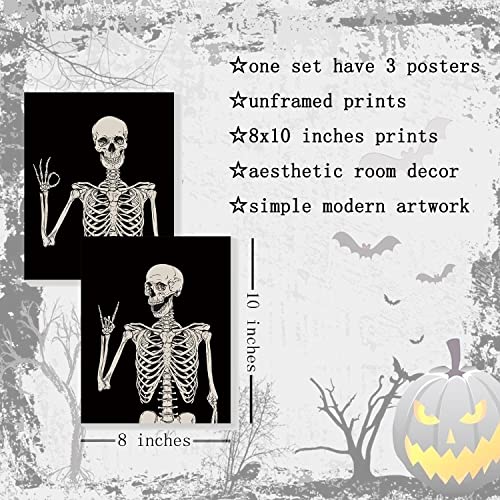 Halloween Wall Decor Skeleton Poster, Funny Goth Home Wall Art Prints, Gothic Skull Weird Paintings, Witchy Spooky Aesthetic Pictures for Bedroom Bathroom Pagan Room Decor Set of 3 Unframed (8x10)