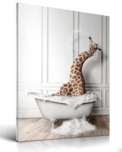 ihery funny bathroom wall art decor, waterproof 12x16in quality cute canvas wall art pictures, wood framed funny color giraffe bathing animals abstract prints for bedroom kids room 1 pack