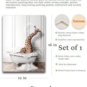 iHery Funny Bathroom Wall Art Decor, Waterproof 12x16in Quality Cute Canvas Wall Art Pictures, Wood Framed Funny Color Giraffe Bathing Animals Abstract Prints for Bedroom Kids Room 1 Pack