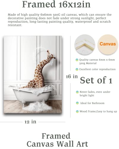 iHery Funny Bathroom Wall Art Decor, Waterproof 12x16in Quality Cute Canvas Wall Art Pictures, Wood Framed Funny Color Giraffe Bathing Animals Abstract Prints for Bedroom Kids Room 1 Pack