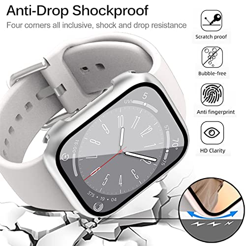 Miimall Compatible Apple Watch Series 8 41mm Case with Screen Protector Anti-Scratch Shockproof Hard PC and Tempered Glass Film Bumper Case for Apple Watch 41mm Series 7 & 8 (Silver)