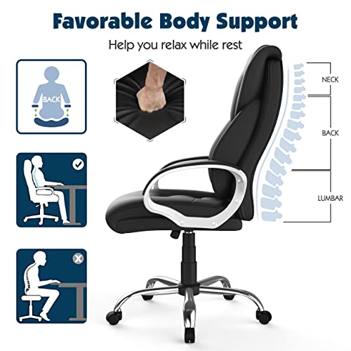 AYEASY Office Chair with High Back Padded Armrests, Lumbar Support Tall Executive Office Chair, Ergonomic Comfort Modern Leather Chair, Adjustable Height Black Desk Chair with 360 Swivel PA Wheels