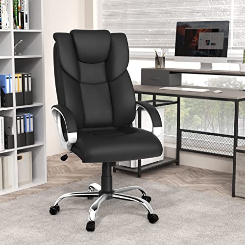 AYEASY Office Chair with High Back Padded Armrests, Lumbar Support Tall Executive Office Chair, Ergonomic Comfort Modern Leather Chair, Adjustable Height Black Desk Chair with 360 Swivel PA Wheels