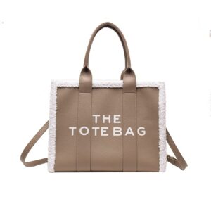 tote bag for women, large pu leather tote bag with lamb wool, crossbody/handbag for travel/work/school (khaki)