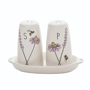 honey bees and lavender 5.25 x 3.5 inch dolomite stoneware salt & pepper shaker set with caddy
