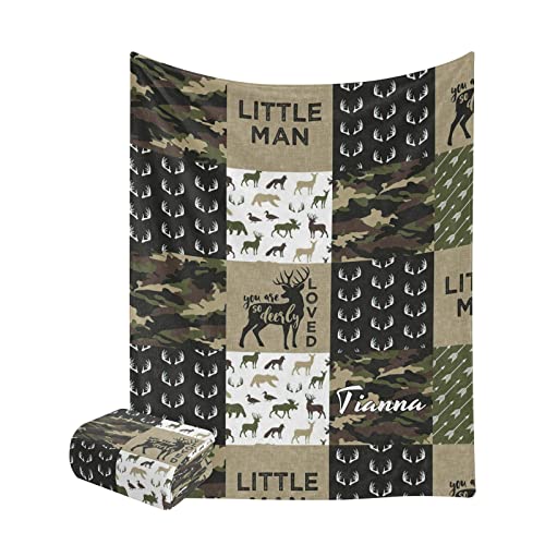 Personalized Little Antler Man Woodland Camouflage Blanket with Name Text Custom Super Soft Fleece Throw Blankets for Couch Sofa Bed 50 X 60 inches