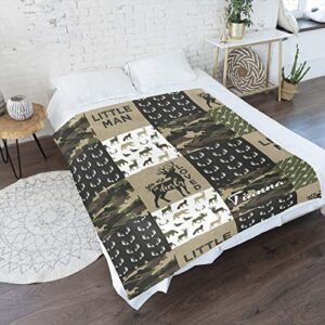 Personalized Little Antler Man Woodland Camouflage Blanket with Name Text Custom Super Soft Fleece Throw Blankets for Couch Sofa Bed 50 X 60 inches