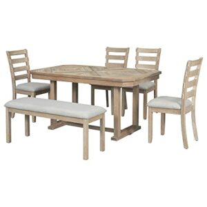 LUMISOL 6-Piece Dining Table Set with Bench for 6, Wood Kitchen Table with Grain Pattern Tabletop, Cushioned Chairs and Upholstered Bench, Dining Room Table Set for 6 People Dinette Set