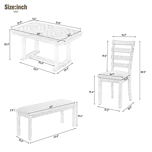 LUMISOL 6-Piece Dining Table Set with Bench for 6, Wood Kitchen Table with Grain Pattern Tabletop, Cushioned Chairs and Upholstered Bench, Dining Room Table Set for 6 People Dinette Set
